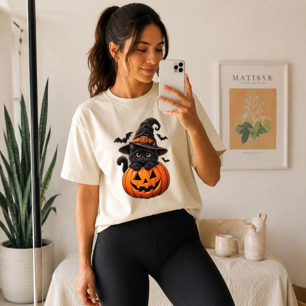 Black Cat Halloween Shirt, Witch Cat Pumpkin T-Shirt, Cute Tee